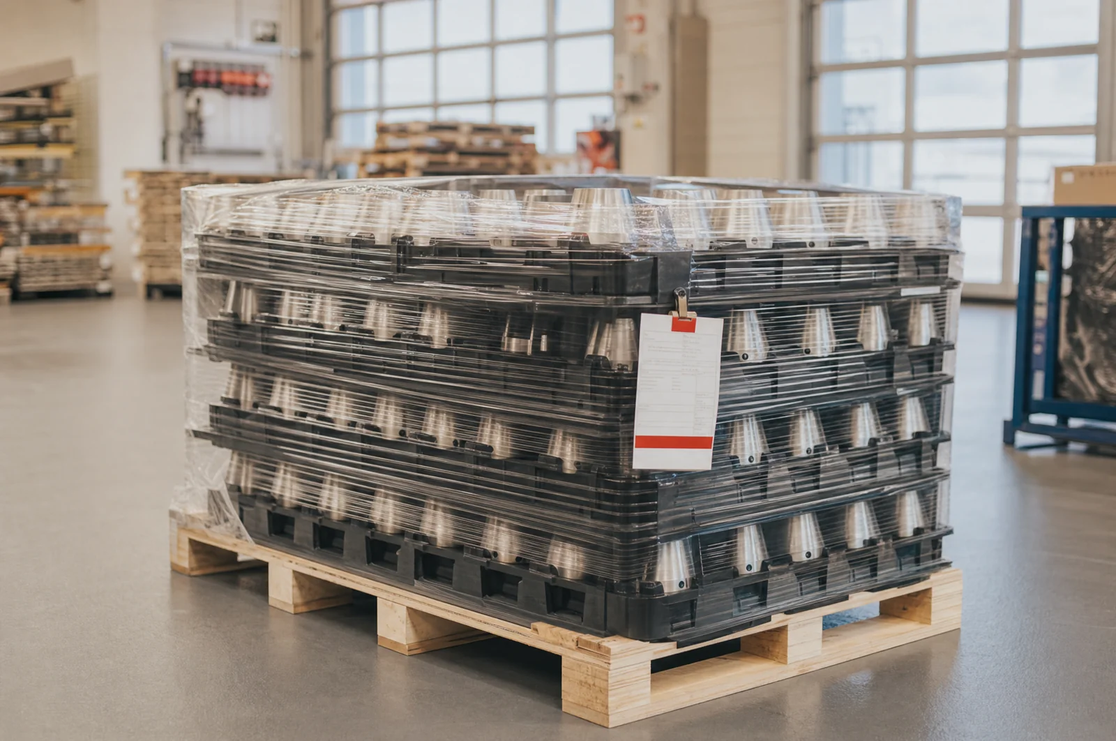 Qualitätsmanagement – geprüfte und verpackte Serienteile auf der Palette bei Schoder